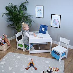OURBABY gyerek asztal székekkel zöld és kék tárolódobozzal